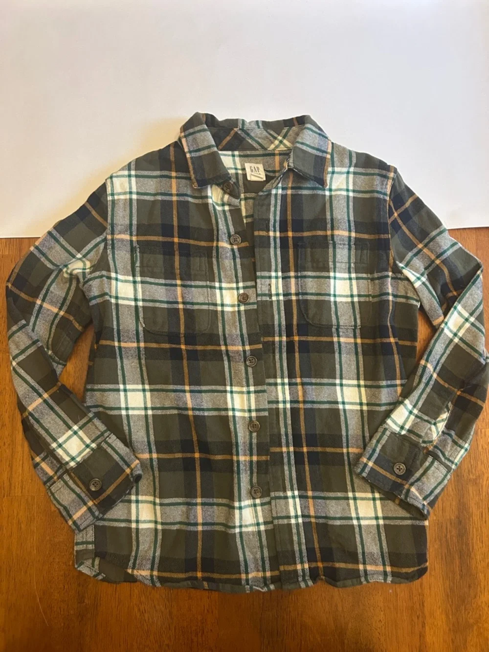 GAP Olive Green, Navy, Mustard-Yellow Plaid Button-Up Flannel Shirt | Boy S(6-7)